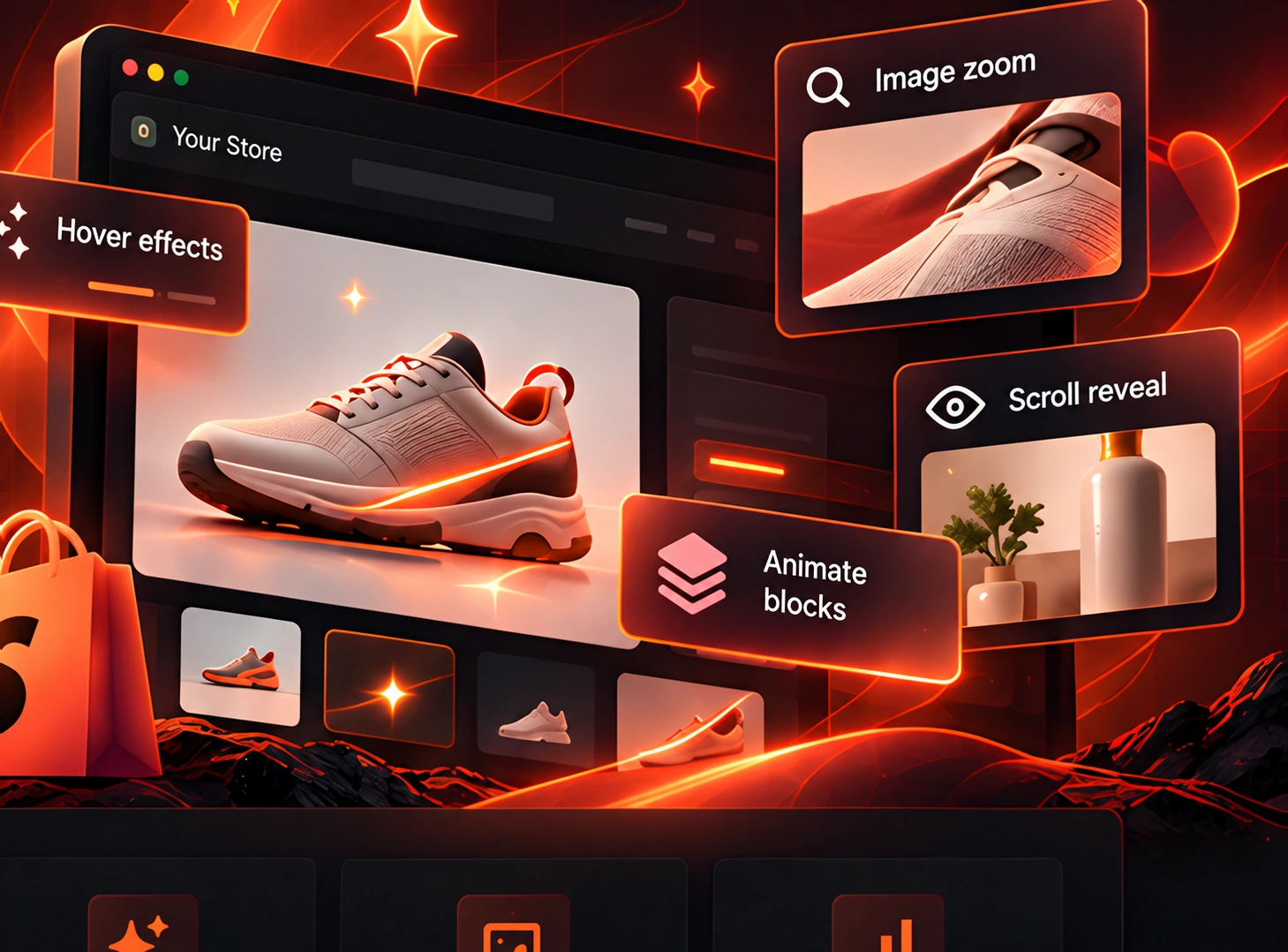 Shopify product page with hover, zoom, and scroll effect callouts