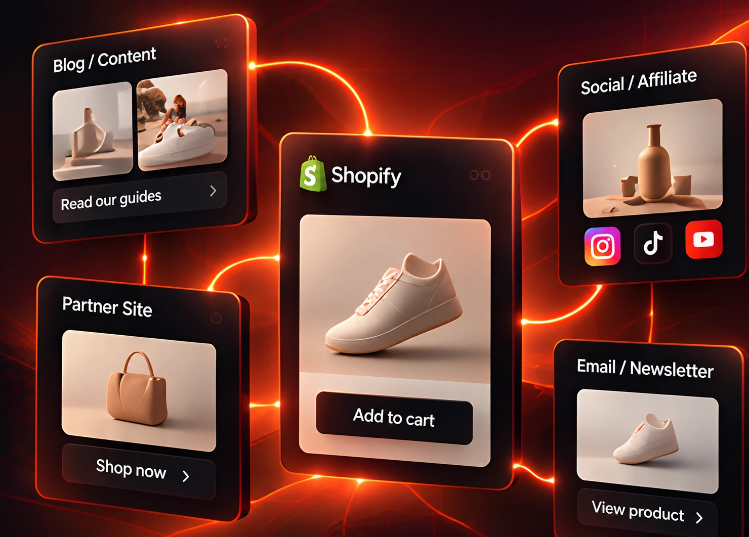 Shopify products connected across blog, partner, social, and email channels