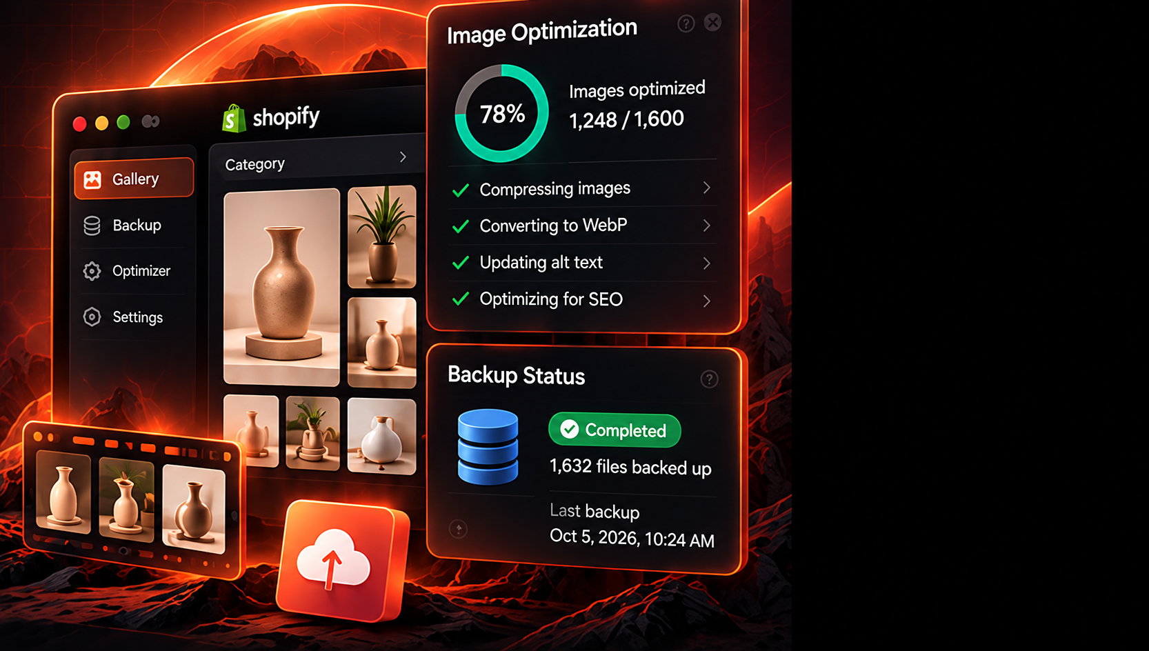 Gallery, backup status, and image optimization dashboard
