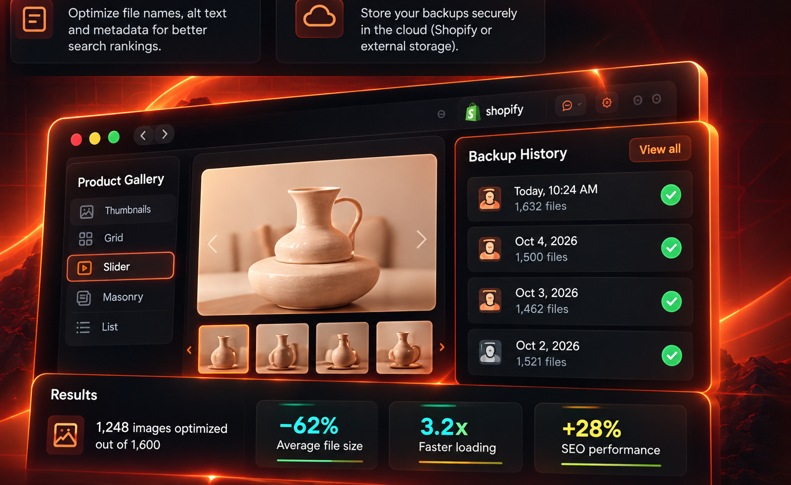 Media dashboard with gallery manager and backup history