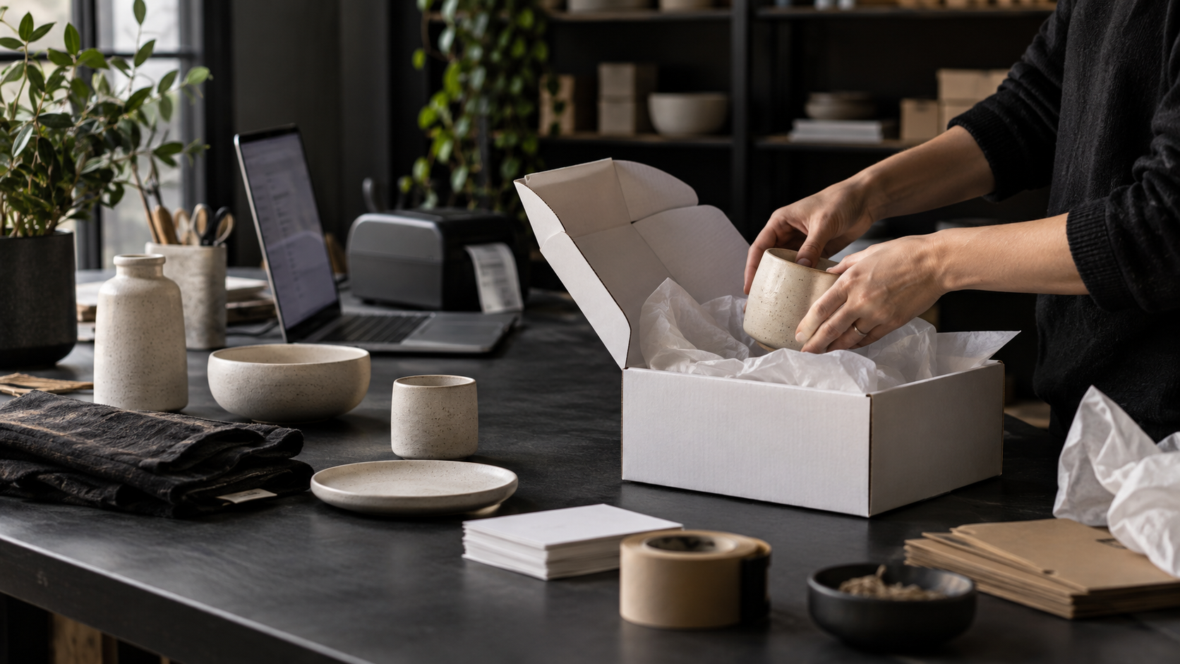 An ecommerce studio with a laptop, ceramic products and hands packing an order.